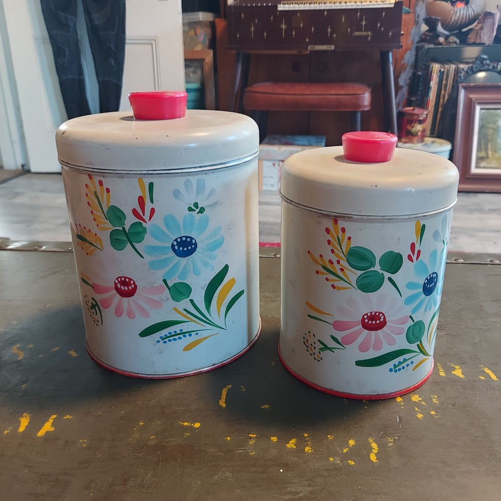 Vintage Ransburg Hand Painted Floral Metal Canisters Set of 2 White Red MCM